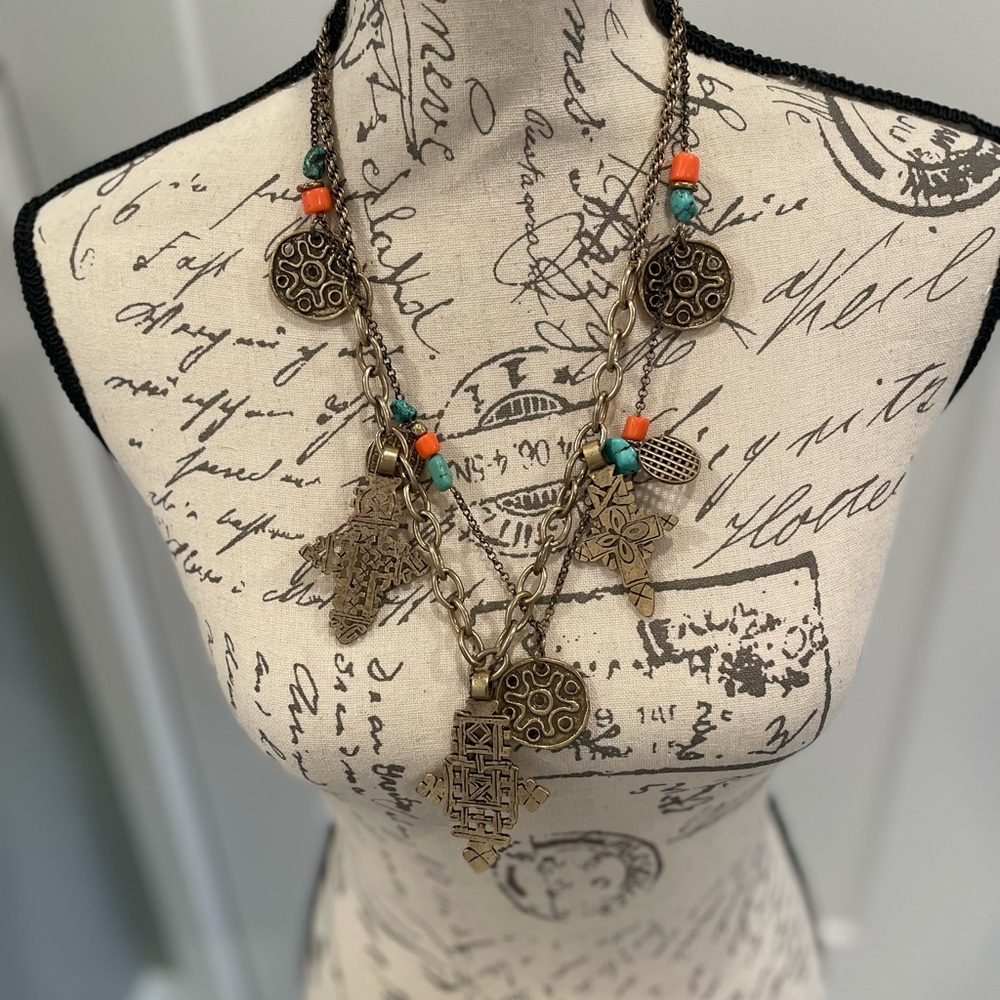 Lucky Brand Layered Necklace with Charms in Gold and Turquoise